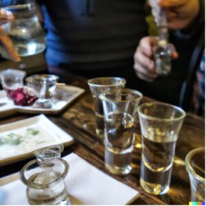 Plateau de dégustation de vodka pure servie dans des verres shooter, avec des planches apéritives. Droits photo@DALL.E