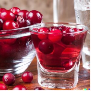 Verre de vodka cranberry de couleur rouge, avec des canneberges fraiches dans le verre. Droits photo@DALL.E
